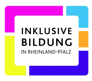Rechteckiges Logo Inklusive Bildung. Der Rahmen ist aus fünf unterschiedlichen Farben.