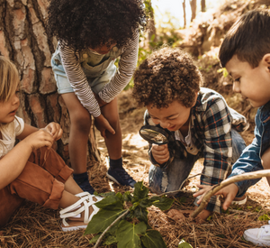 Eine Gruppe Kinder schauen durch die Lupe auf ein Blatt
